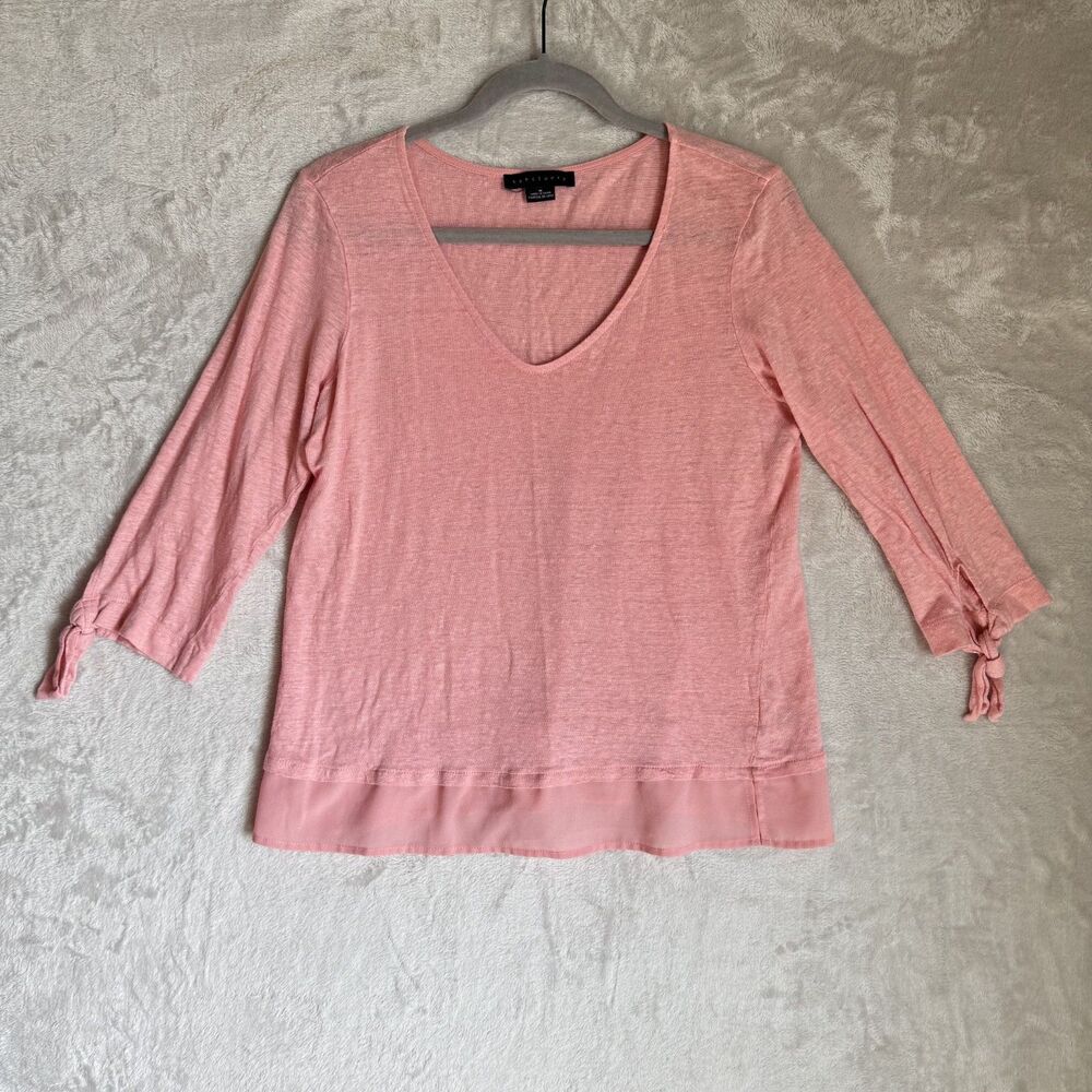 Sanctuary Top Pink Linen Medium Tie Sleeve Layered Hem Flowy Lagenlook Coast